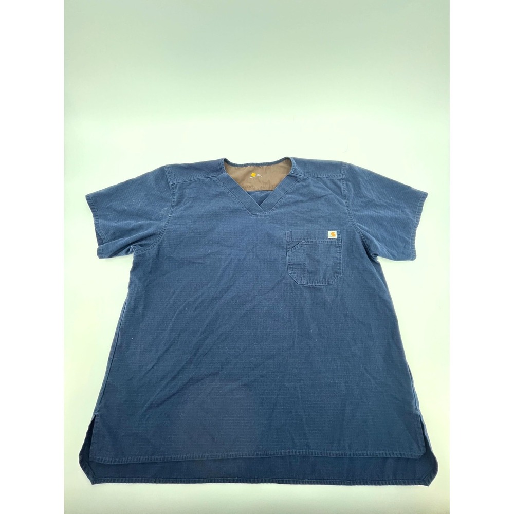 Carhartt Ripstop Utility Scrub Top Mens XL Blue Logo V Neck Droptail Hem Medical